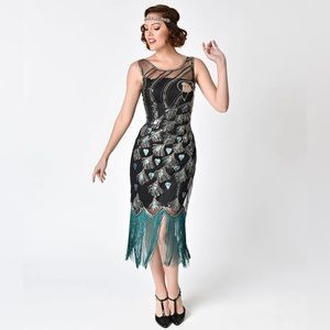 EUC Unique Vintage 1920’s Black & Green (Teal) Antoinette Flapper Dress MED 6/8
